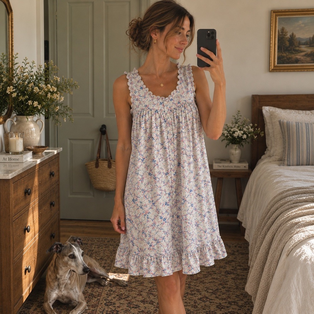 Adonna Sleepwear Womens Large Blue Pink Ditzy Floral 100% Cotton Nightgown L